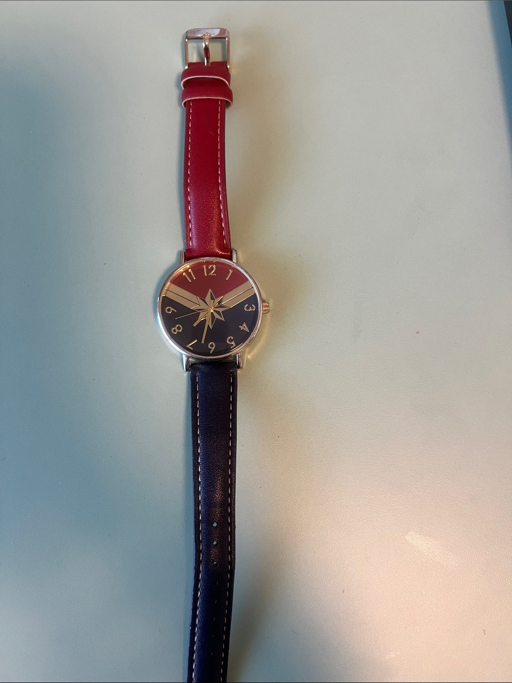 Marvel Captain Marvel Two-Tone Red and Blue Leather Strap Watch